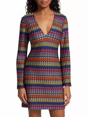 RAMY BROOK Maya Zigzag Rib Knit Multicolor Chevron V-Neck  Dress Size Small